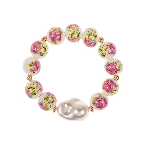 Flower Printed Ceramic Ball Bracelet - Picture 1 of 2
